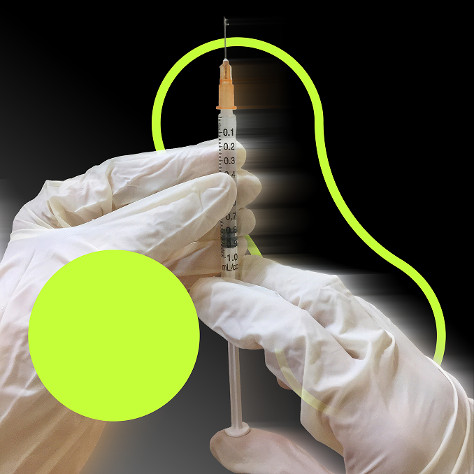 Hand in white glove holding a syringe with a black background