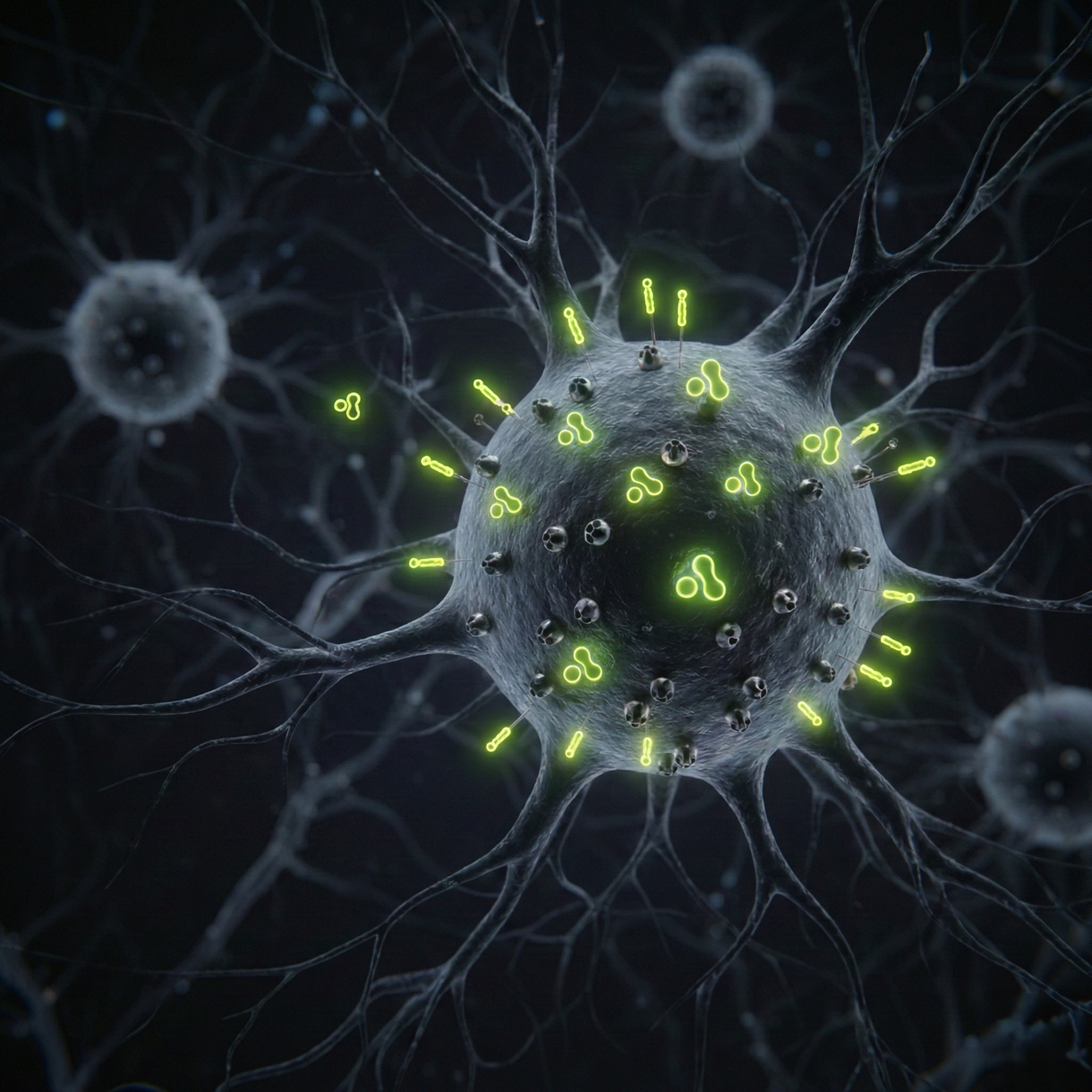 Virus-like particle with green glowing elements on a dark background