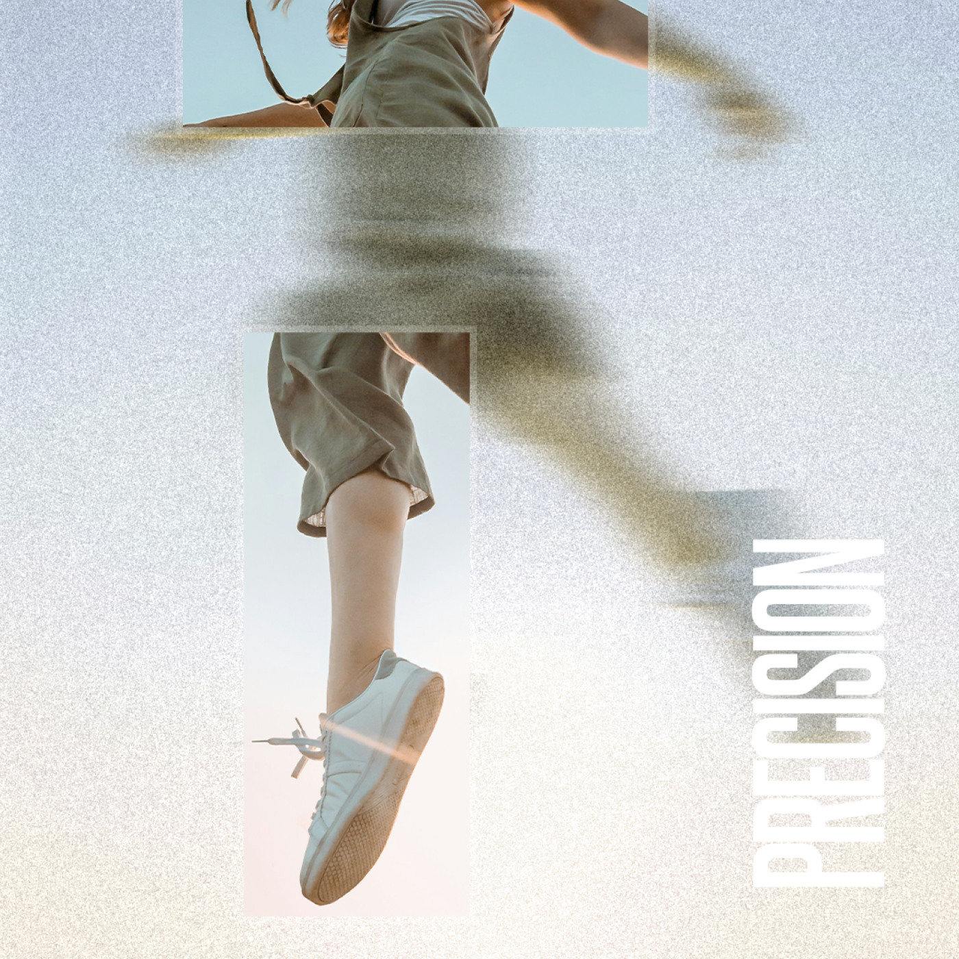 Person wearing light blue sneakers with a blurred background and 'PRECISION' text.